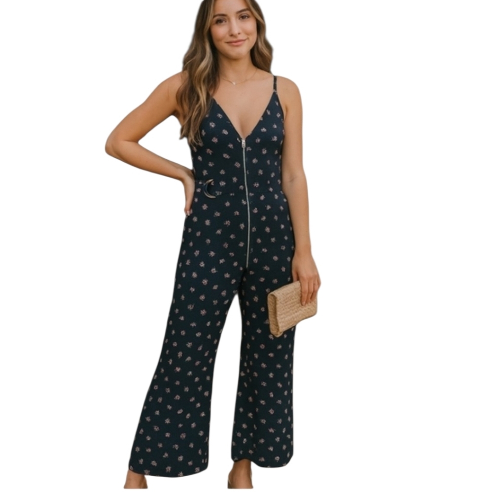 Free People Jumpsuit Floral Sleeveless front Zipper Cross Strap Back in Black